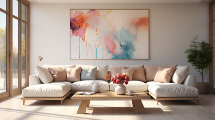 Stylish Living Room Interior with a Frame Poster Mockup, Modern Interior Design, 3D Render, 3D Illustration