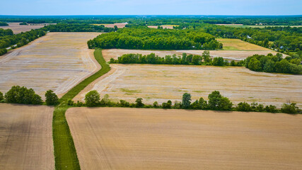 Aerial barren farmland with no crops and a green river of grass leading to a patch of forest