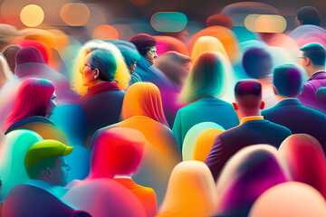 Fototapeta na wymiar Dawn's Vibrant Congregation: A Softly Illuminated, Naturalistic Array of Multicolored Crowds.