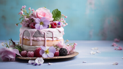 Beautiful Sponge Cake in Pink, Purple, and Blue Color Tones - Fresh Fruit Toppings with Floral Decoration Elements on Textured Pastel Background - Generative AI