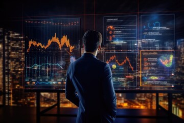 A businessman is an analyst working with a digital financial business. Illustration of future technologies