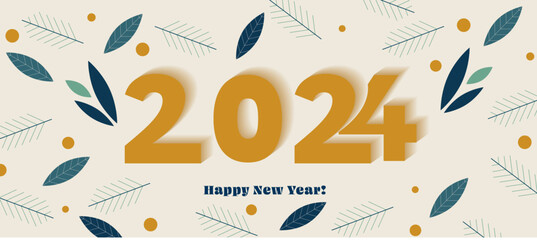 Happy New Year 2024 greeting poster. Trendy modern Christmas design with 2024 typography, green leaves, tree branches and yellow background. Header for horizontal poster, greeting card