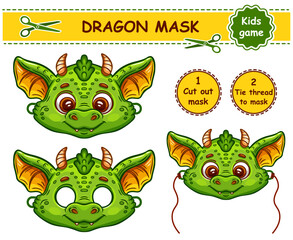 Fairy dragon fire reptile carnival face mask. Fantasy dinosaur monster New Year, Christmas children holiday head decoration. Magical lizard animal character. Masquerade costume. Kid craft page. Vector