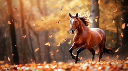 Beautiful bay horse galloping in autumn forest with falling leaves. selective focus.
