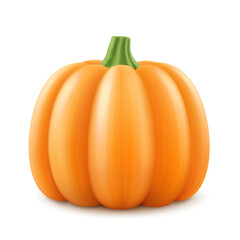 Pumpkin with green stem isolated on white background. Decorative art element for Thanksgiving, Halloween celebration layout design. Bright orange fruit. Autumn harvest festival. Realistic 3d vector