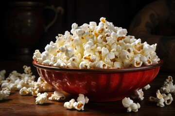Popcorn in a bowl on the table. Generative AI