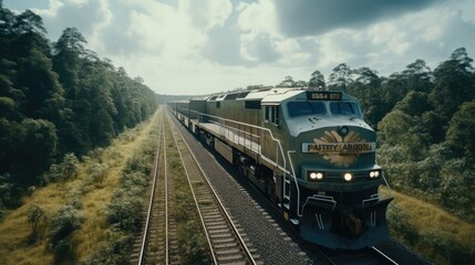 Fototapeta premium Suburban train travels through beautiful countryside. Generative AI