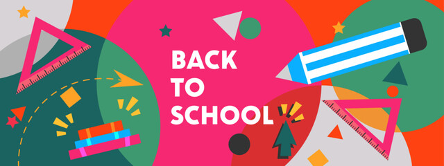 Obraz premium Welcome Back to school horizontal banner, doodle on checkered paper background, vector illustration.