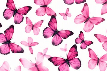 Pink bright watercolor butterflies on white backdrop