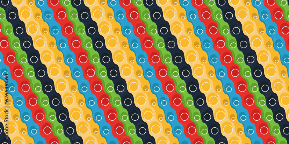 Aufkleber Diagonal curly stripes, colored and with circles. Vector seamless diagonal texture with cartoon wavy lines. White circles on colored diagonals.