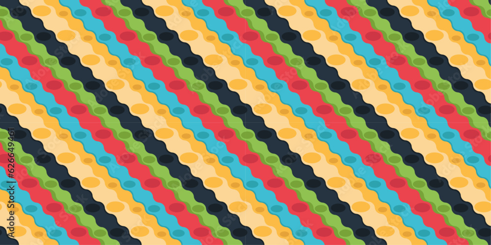 Aufkleber Diagonal curly stripes, colored and with circles. Vector seamless diagonal texture with cartoon wavy lines.
