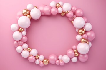 Balloon garland decoration elements. Frame arch for wedding, birthday, baby shower party celebration. Pastel pink and gold banner background with round empty space. 