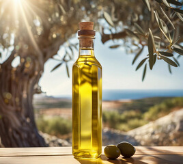 Obraz na płótnie Canvas Farm olive oil bottle with green olives under an old massive olive tree. Extra virgin oil 