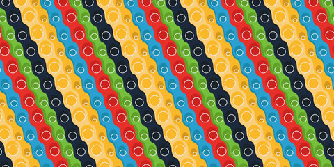 Diagonal curly stripes, colored and with circles. Vector seamless diagonal texture with cartoon wavy lines. White circles on colored diagonals.