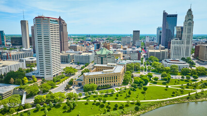 Downtown Columbus Ohio AEP to LeVeque Tower aerial shot