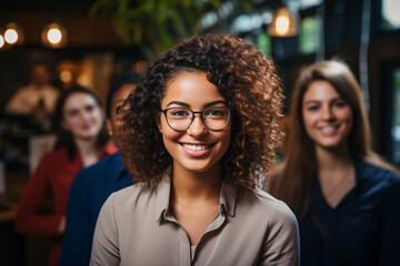Obraz premium Attractive african young confident businesswoman sitting at the office table with group of colleagues in the background