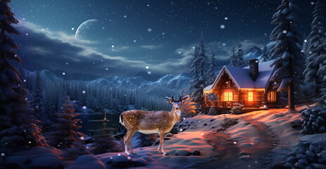 Naklejka premium Starry night ,full moon ,winter forest , Christmas trees ,wooden cabin with light in windows, ,pine trees covered by snow ,winter Christmas festive background