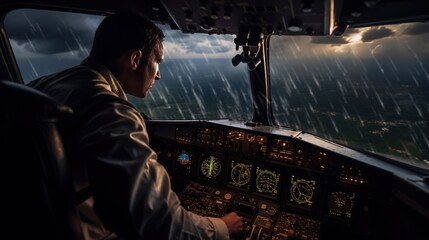The pilot controls the aircraft. The control panel in the cockpit glows. View from a cockpit of airplane over the ocean. Illustration for banner, poster, cover, brochure or presentation