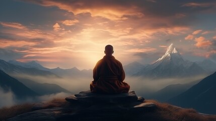 Back view of a man sitting in yoga pose in the sunrise with a mountain range in front of him. Serene warrior find spirituality and wellbeing. Mental health concept. 