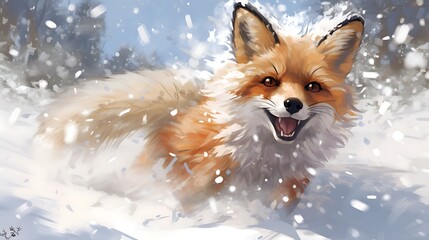 cute fox in the snow, comic art