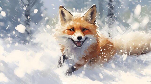 cute fox in the snow, comic art