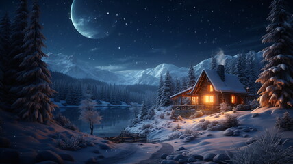 Starry night ,full moon ,winter forest , Christmas trees ,wooden cabin with light in windows, ,pine trees covered by snow ,winter Christmas festive background - 626650826