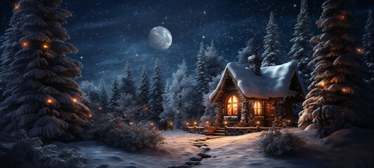 Starry night ,full moon ,winter forest , Christmas trees ,wooden cabin with light in windows, ,pine trees covered by snow ,winter Christmas festive background - 626650842