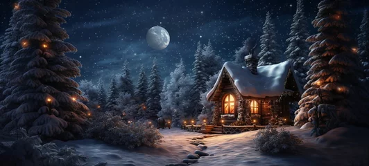 Fototapeten Starry night ,full moon ,winter forest , Christmas trees ,wooden cabin with light in windows, ,pine trees covered by snow ,winter Christmas festive background © Aleksandr