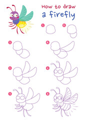 Obraz na płótnie Canvas How to draw firefly vector illustration. Draw firefly step by step. Cute and easy drawing guide.