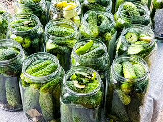 The process of pickling cucumbers for the winter in glass jars. Cucumbers and spices for pickling are laid out in jars.