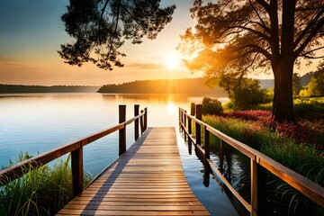 Obraz premium Brown Wooden Dock on River, Created using generative AI tools