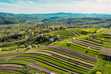 Spring Slovakia landscape. Nature fields with blooming cherries. Unique ecological land management. Polana region, Hrinova, Slovakia Europe. © Zedspider