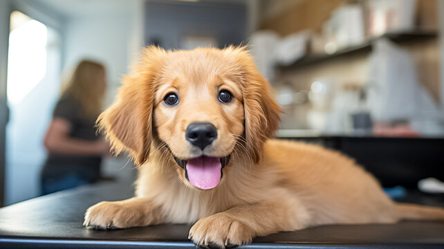 Cute labrador puppy dog  in a veterinary clinic. Healthy pet on a check up visit in modern veterinary clinic.
