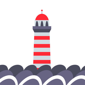 Vector  illustration with red and white lighthouse in the ocean, waves