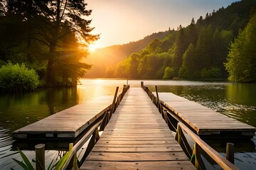 Obraz premium Brown Wooden Dock on River, Created using generative AI tools