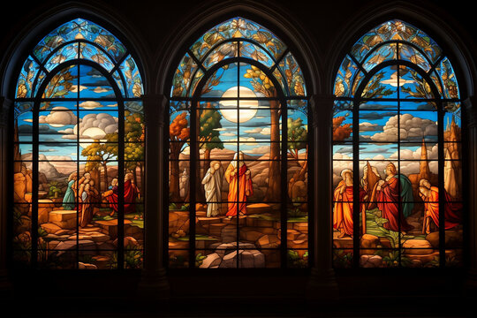 Stained glass segments illuminated to show scenes from Jesus' life
