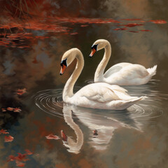 Painting of two mute swans swimming in pond. Bird reflections in calm water surface.