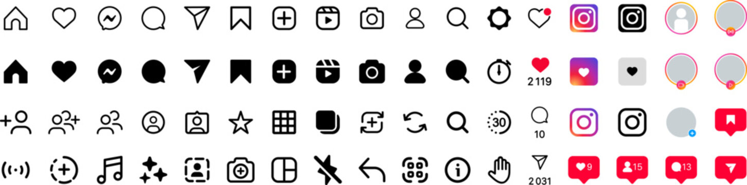 Instagram collection set icons. social media icon like, comment, follower, icons, instagram ui app interface icon set. home, search, reel, shop, profile, share, save. Vector illustration