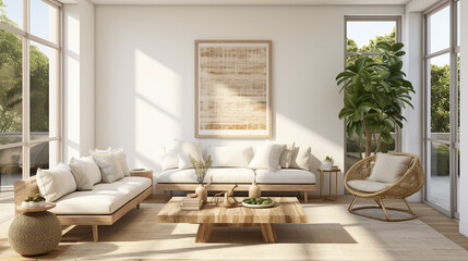 Stylish Living Room Interior with a Frame Poster Mockup, Modern Interior Design, 3D Render, 3D Illustration