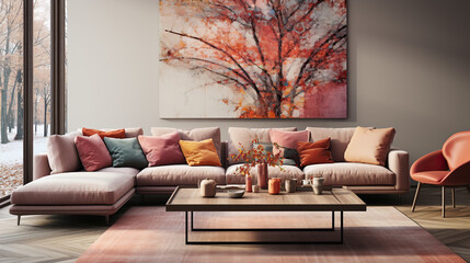 Stylish Living Room Interior with a Frame Poster Mockup, Modern Interior Design, 3D Render, 3D Illustration