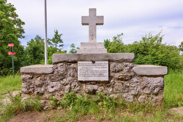 Sopot, Serbia - June 11, 2023: Memorial Kosturnica on white stone - Memorial First World War on Kosmaj mountain near Belgrade.
