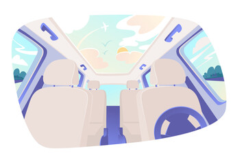 Car interior, cars inside. Empty car interior. Elements of interior - passenger seats, steering wheel. Traveling and traveling by car. Cabin, driver's view inside car with steering wheel