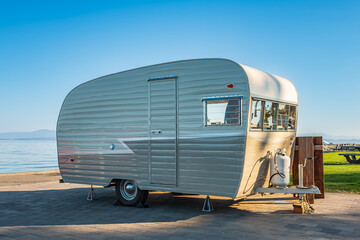 Cozy retro travel trailer Caravan before sunset near ocean or sea. Vintage house on wheels in a...