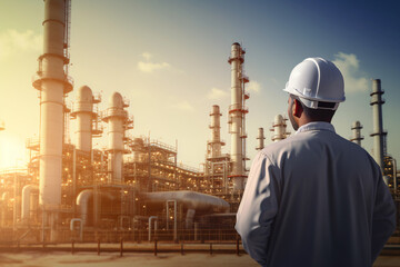 A successful Muslim Arab entrepreneur beside an oil pump, with an oil refinery complex in the backdrop. A thriving Saudi, Emirati, Arab businessman. Wide format panoramic background

Generative AI