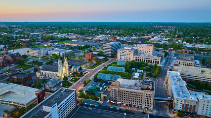 Fototapeta na wymiar Aerial cityscape downtown Fort Wayne City of Churches Botanical Garden Conservatory offices