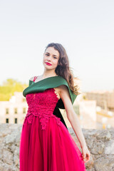 Education college graduate, happy student. Hispanic woman in Salamanca, Spain, outdoors smiling 