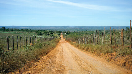 Fototapeta na wymiar Countryside dirt road with wooden barbed wire fences on the sidelines - Caatinga (brazilian semiarid biome) - Nova Redenção, Bahia, Brazil