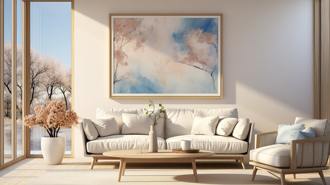 Stylish Living Room Interior with a Frame Poster Mockup, Modern Interior Design, 3D Render, 3D Illustration © Roman P.