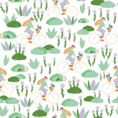 White Biking in the park Women with long hairs seamless background pattern. Spring in the park vector pattern.