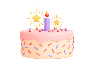 3D Birthday cake with candle and decoration sprinkles. Pink cake emoji. Party surprise. Children's holiday. Pastel color. Cartoon creative design icon isolated on white background. 3D Rendering